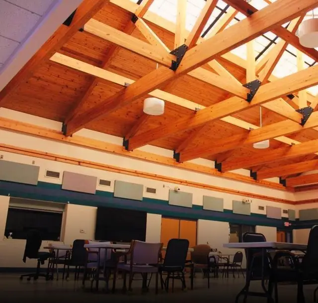 Timber roof trusses over the atrium at 2155 Broadway