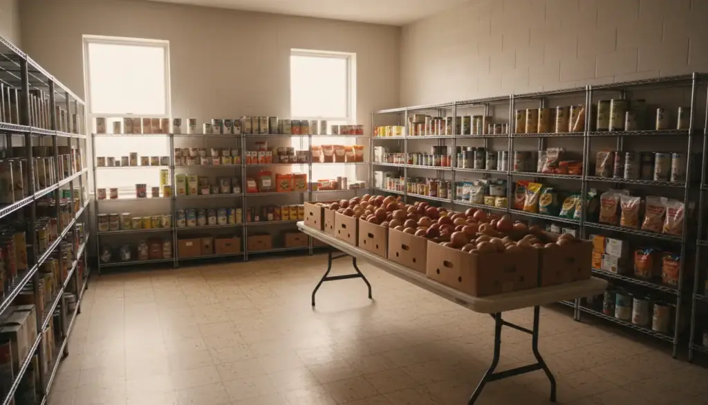 Illustration of pantry shelving stocked with canned and boxed food behind a table of fresh apples